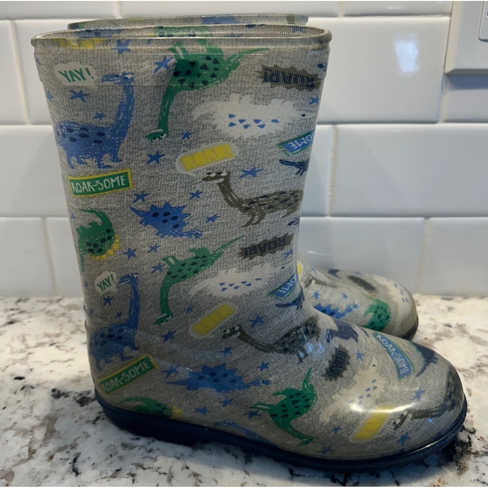 Dinosaur Rain Boots Kids Size 2 Gray Blue Green‎ Roar-Some Yay